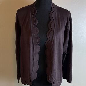 Cable & Gauge Scalloped Edge Open Cardigan Dark Brown Sz XXL